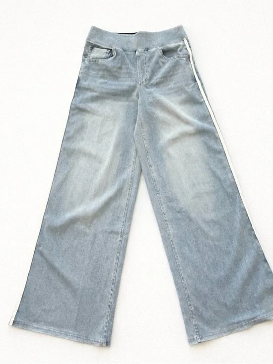 Halara NWT Wide Leg Denim Jogger Pants Blue Stripe High Rise XL - Picture 3 of 8